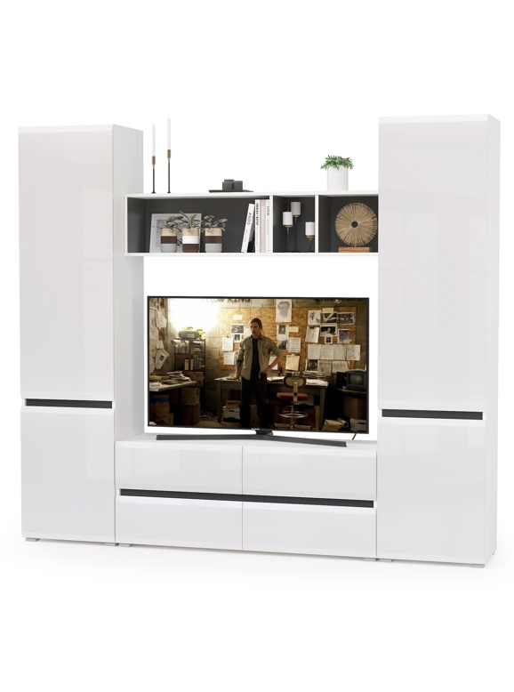 Сидней Комплектация № 006, цвет корпус белый/чёрный/фасады МДФ белый глянец, ШхГхВ 229,9х41,3х205,2 см., ниша для ТВ 129х41х98 см., универс. сборка