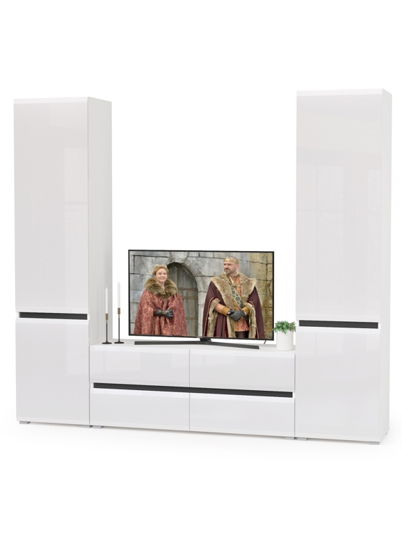 Сидней Комплектация № 007, цвет корпус: белый/чёрный/фасады: МДФ белый глянец, ШхГхВ 229,9х41,3х205,2 см., ниша для ТВ 129х41х100 см., универс. сборка