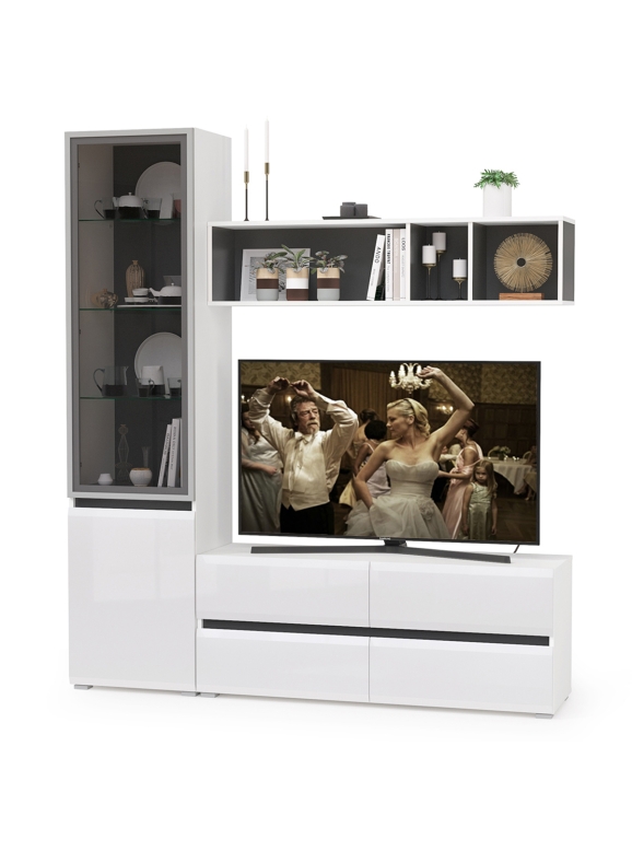 Сидней Комплектация № 008, цвет корпус: белый/чёрный/фасады: МДФ белый глянец, ШхГхВ 179,9х41,3х205,2 см., ниша для ТВ 129х41х98 см., универс. сборка