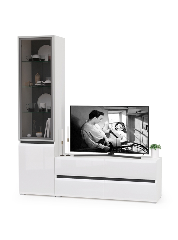 Сидней Комплектация № 009, цвет корпус: белый/чёрный/фасады: МДФ белый глянец, ШхГхВ 179,9х41,3х205,2 см., ниша для ТВ 129х41х100 см., универс. сборка