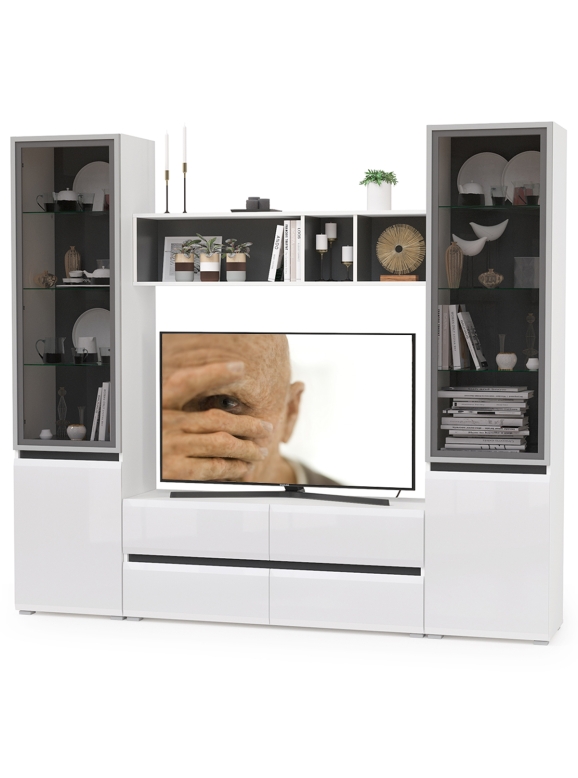 Сидней Комплектация № 010, цвет корпус белый/чёрный/фасады МДФ белый глянец, ШхГхВ 229,9х41,3х205,2 см., ниша для ТВ 129х41х98 см., универс. сборка