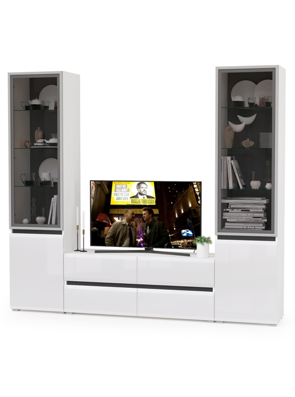 Сидней Комплектация № 011, цвет корпус белый/чёрный/фасады МДФ белый глянец, ШхГхВ 229,9х41,3х205,2 см., ниша для ТВ 129х41х100 см., универс. сборка