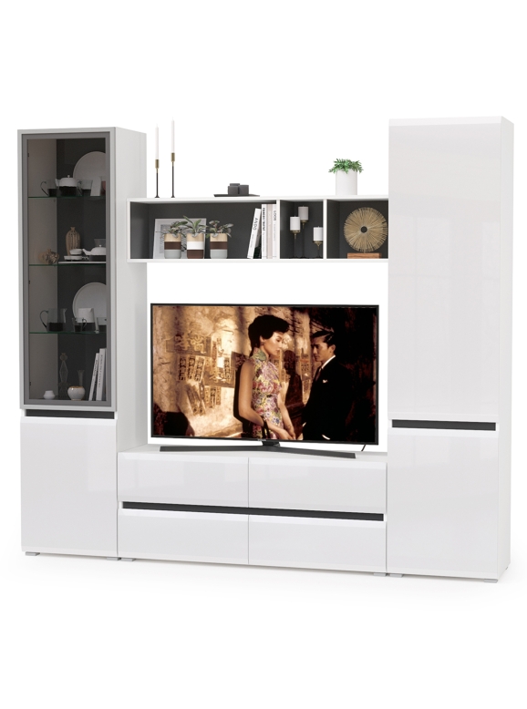 Сидней Комплектация № 012, цвет корпус белый/чёрный/фасады МДФ белый глянец, ШхГхВ 229,9х41,3х205,2 см., ниша для ТВ 129х41х98 см., универс. сборка