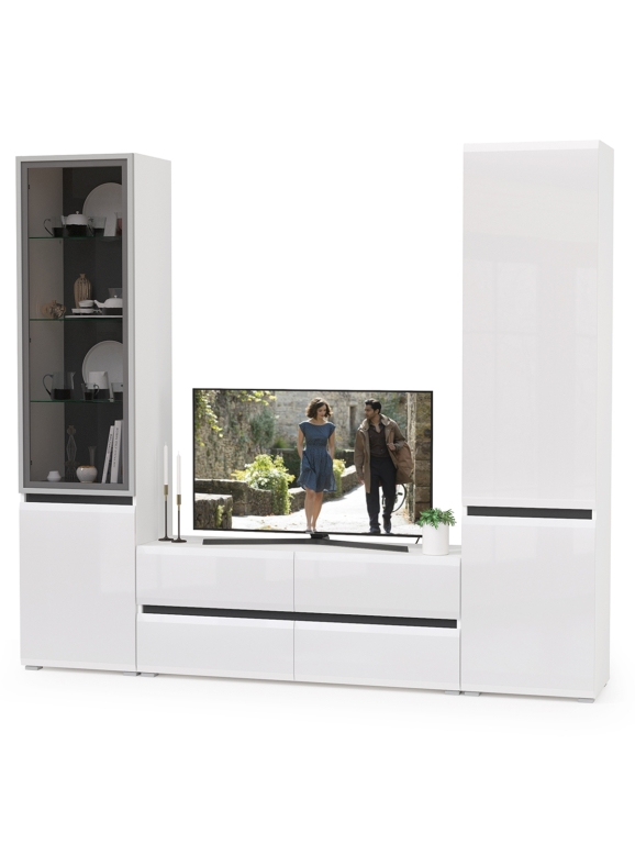 Сидней Комплектация № 013, цвет корпус белый/чёрный/фасады МДФ белый глянец, ШхГхВ 229,9х41,3х205,2 см., ниша для ТВ 129х41х100 см., универс. сборка