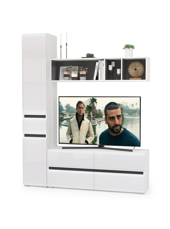 Сидней Комплектация № 014, цвет корпус: белый/чёрный/фасады: МДФ белый глянец, ШхГхВ 164,9х41,3х205,2 см., ниша для ТВ 129х41х98 см., универс. сборка