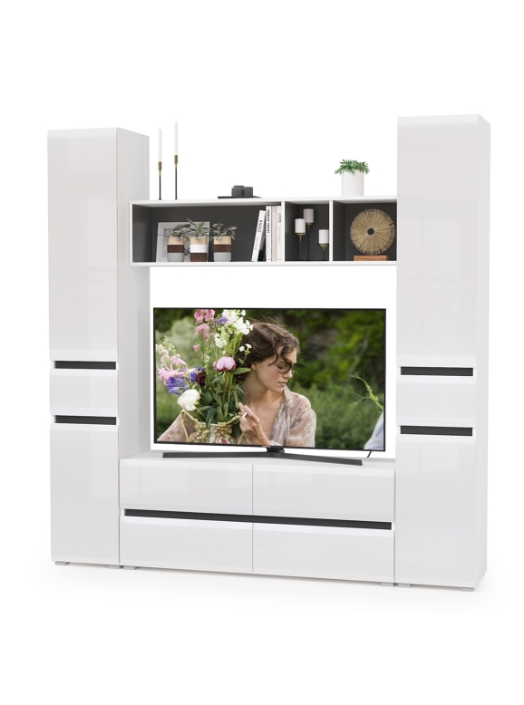 Сидней Комплектация № 016, цвет корпус белый/чёрный/фасады МДФ белый глянец, ШхГхВ 199,9х41,3х205,2 см., ниша для ТВ 129х41х98 см., универс. сборка