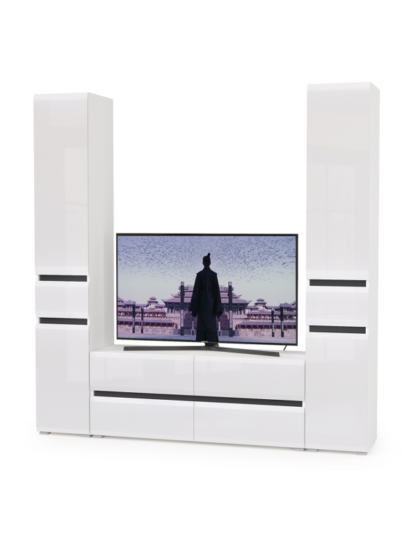 Сидней Комплектация № 017, цвет корпус: белый/чёрный/фасады: МДФ белый глянец, ШхГхВ 199,9х41,3х205,2 см., ниша для ТВ 129х41х100 см., универс. сборка