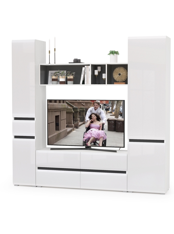 Сидней Комплектация № 021, цвет корпус белый/чёрный/фасады МДФ белый глянец, ШхГхВ 214,9х41,3х205,2 см., ниша для ТВ 129х41х98 см., универс. сборка