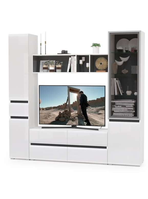 Сидней Комплектация № 023, цвет корпус белый/чёрный/фасады МДФ белый глянец, ШхГхВ 214,9х41,3х205,2 см., ниша для ТВ 129х41х98 см., универс. сборка