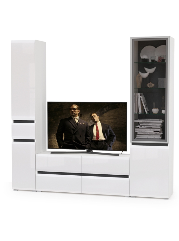 Сидней Комплектация № 024, цвет корпус белый/чёрный/фасады МДФ белый глянец, ШхГхВ 214,9х41,3х205,2 см., ниша для ТВ 129х41х100 см., универс. сборка