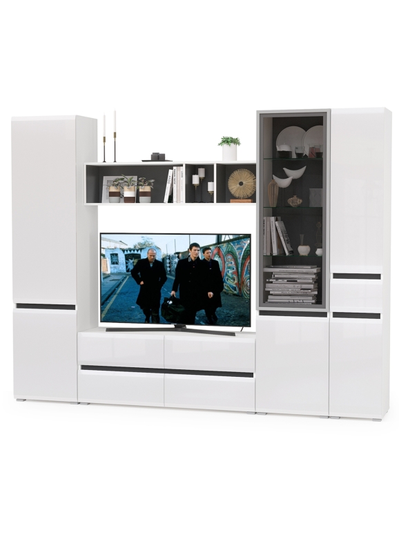 Сидней Комплектация № 025, цвет корпус белый/чёрный/фасады МДФ белый глянец, ШхГхВ 264,9х41,3х205,2 см., ниша для ТВ 129х41х98 см., универс. сборка