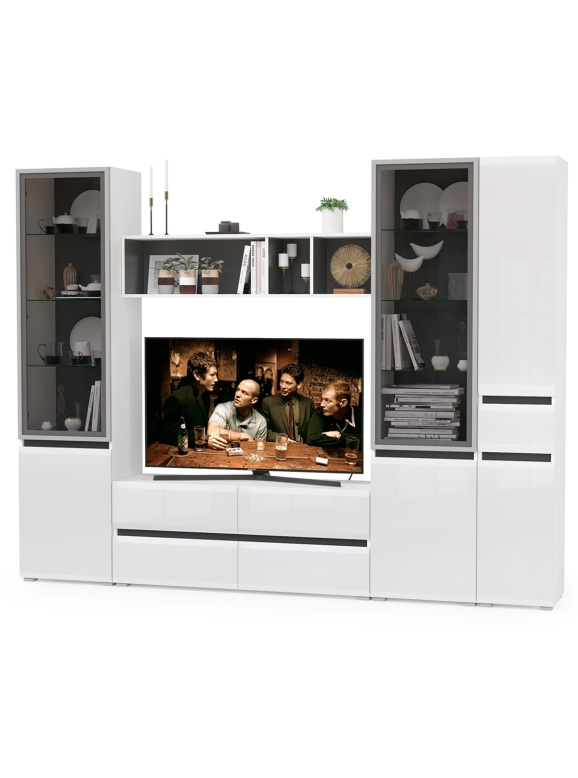 Сидней Комплектация № 026, цвет корпус белый/чёрный/фасады МДФ белый глянец, ШхГхВ 264,9х41,3х205,2 см., ниша для ТВ 129х41х98 см., универс. сборка