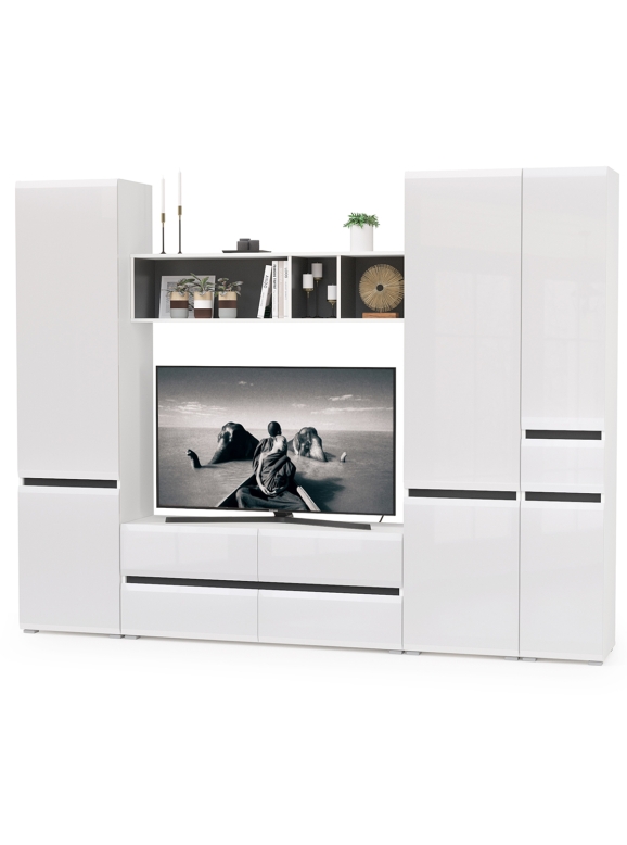 Сидней Комплектация № 027, цвет корпус белый/чёрный/фасады МДФ белый глянец, ШхГхВ 264,9х41,3х205,2 см., ниша для ТВ 129х41х98 см., универс. сборка