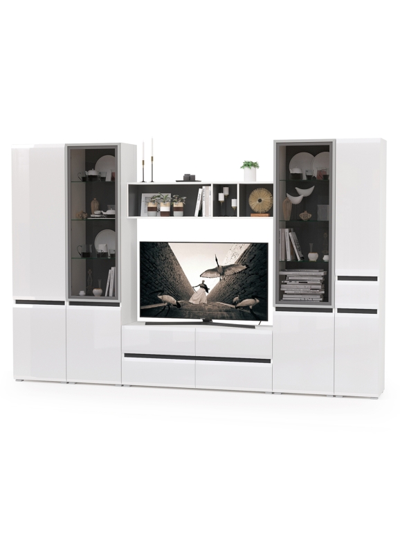 Сидней Комплектация № 028, цвет корпус белый/чёрный/фасады МДФ белый глянец, ШхГхВ 314,9х41,3х205,2 см., ниша для ТВ 129х41х98 см., универс. сборка