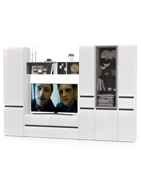 Сидней Комплектация № 029, цвет корпус белый/чёрный/фасады МДФ белый глянец, ШхГхВ 299,9х41,3х205,2 см., ниша для ТВ 129х41х98 см., универс. сборка