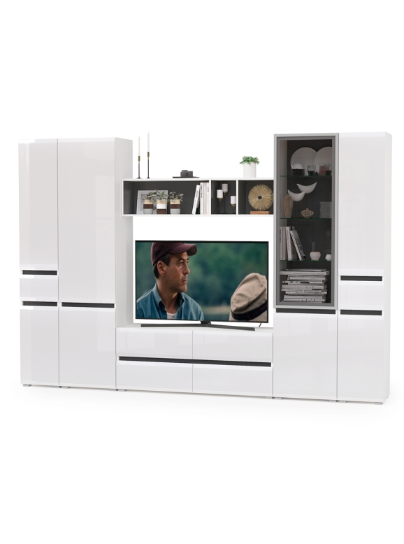 Сидней Комплектация № 030, цвет корпус белый/чёрный/фасады МДФ белый глянец, ШхГхВ 299,9х41,3х205,2 см., ниша для ТВ 129х41х98 см., универс. сборка