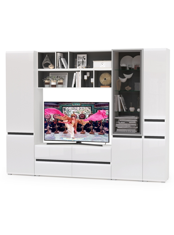 Сидней Комплектация № 031, цвет корпус белый/чёрный/фасады МДФ белый глянец, ШхГхВ 264,9х41,3х205,2 см., ниша для ТВ 129х41х90 см., универс. сборка