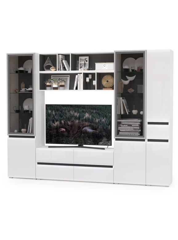 Сидней Комплектация № 032, цвет корпус белый/чёрный/фасады МДФ белый глянец, ШхГхВ 264,9х41,3х205,2 см., ниша для ТВ 129х41х90 см., универс. сборка