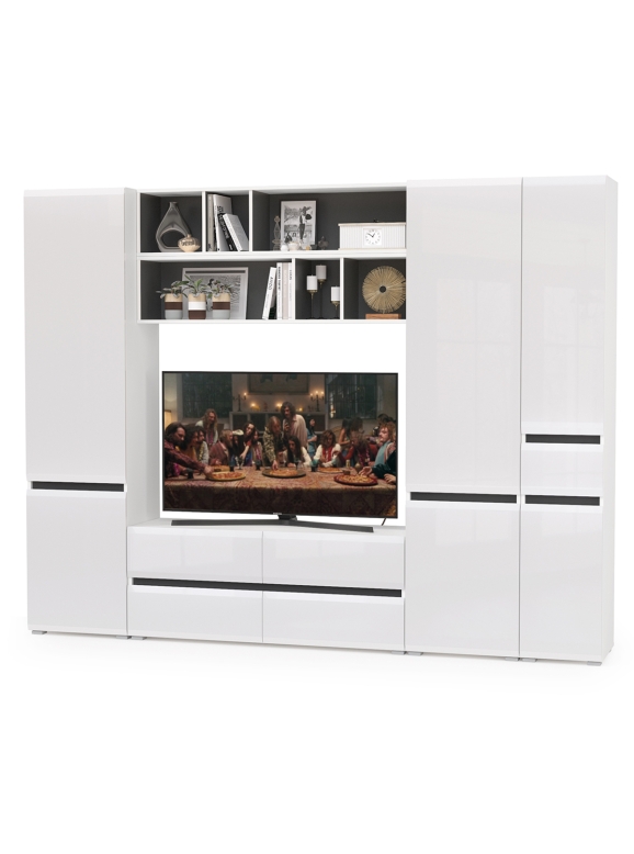 Сидней Комплектация № 033, цвет корпус белый/чёрный/фасады МДФ белый глянец, ШхГхВ 264,9х41,3х205,2 см., ниша для ТВ 129х41х90 см., универс. сборка