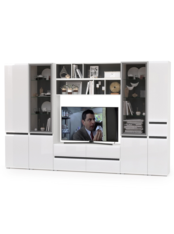 Сидней Комплектация № 034, цвет корпус белый/чёрный/фасады МДФ белый глянец, ШхГхВ 314,9х41,3х205,2 см., ниша для ТВ 129х41х90 см., универс. сборка