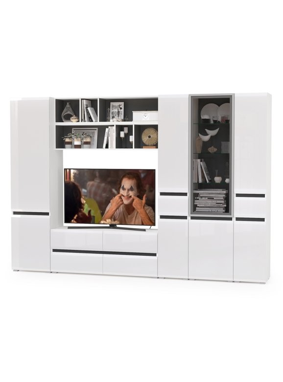 Сидней Комплектация № 035, цвет корпус белый/чёрный/фасады МДФ белый глянец, ШхГхВ 299,9х41,3х205,2 см., ниша для ТВ 129х41х90 см., универс. сборка