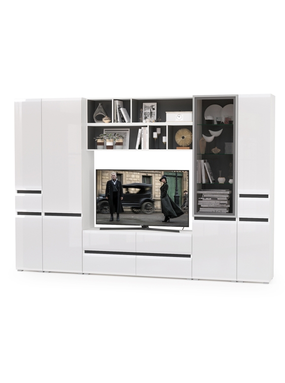 Сидней Комплектация № 036, цвет корпус белый/чёрный/фасады МДФ белый глянец, ШхГхВ 299,9х41,3х205,2 см., ниша для ТВ 129х41х90 см., универс. сборка