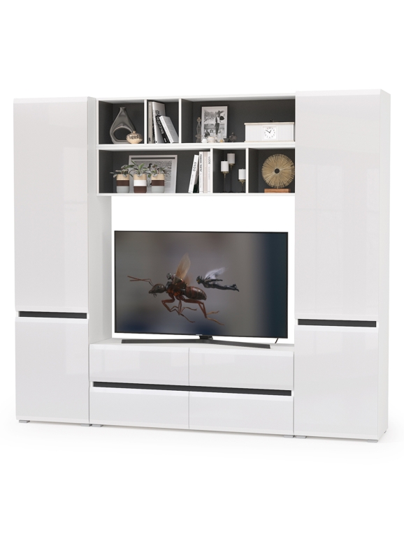 Сидней Комплектация № 037, цвет корпус белый/чёрный/фасады МДФ белый глянец, ШхГхВ 229,9х41,3х205,2 см., ниша для ТВ 129х41х90 см., универс. сборка