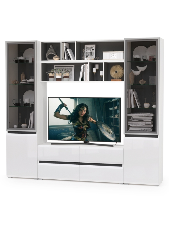 Сидней Комплектация № 038, цвет корпус белый/чёрный/фасады МДФ белый глянец, ШхГхВ 229,9х41,3х205,2 см., ниша для ТВ 129х41х90 см., универс. сборка