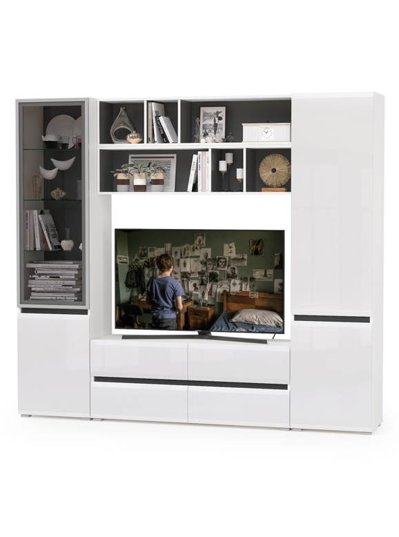 Сидней Комплектация № 039, цвет корпус белый/чёрный/фасады МДФ белый глянец, ШхГхВ 229,9х41,3х205,2 см., ниша для ТВ 129х41х90 см., универс. сборка