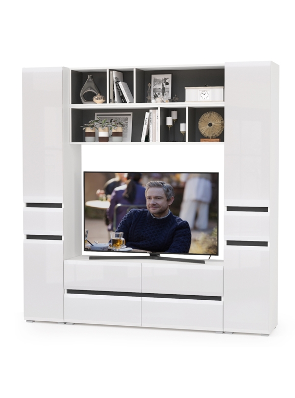 Сидней Комплектация № 040, цвет корпус белый/чёрный/фасады МДФ белый глянец, ШхГхВ 199,9х41,3х205,2 см., ниша для ТВ 129х41х90 см., универс. сборка