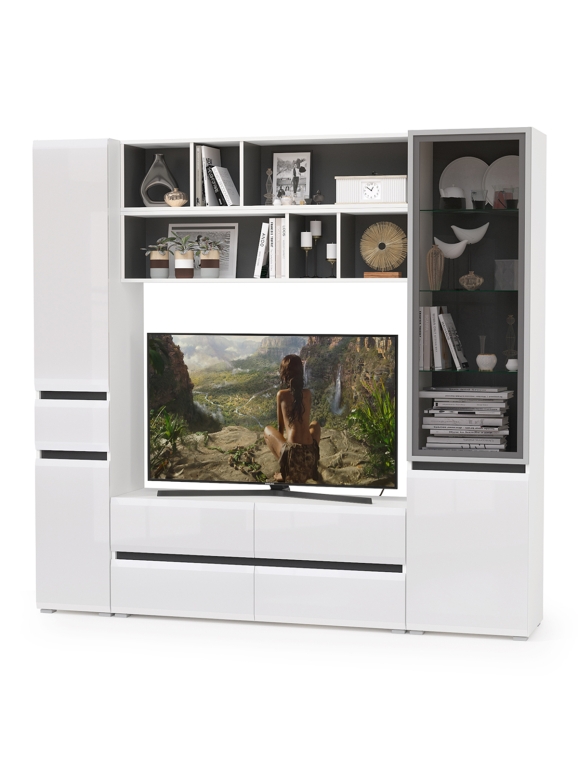 Сидней Комплектация № 042, цвет корпус белый/чёрный/фасады МДФ белый глянец, ШхГхВ 214,9х41,3х205,2 см., ниша для ТВ 129х41х90 см., универс. сборка