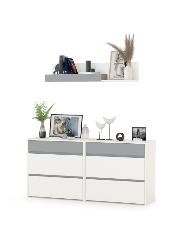 Торонто 13.321 Комод + 13.321 Комод + 16.475 Полка, цвет белый шагрень/стальной серый, ШхГхВ 160х40,3х150 см., универсальная сборка