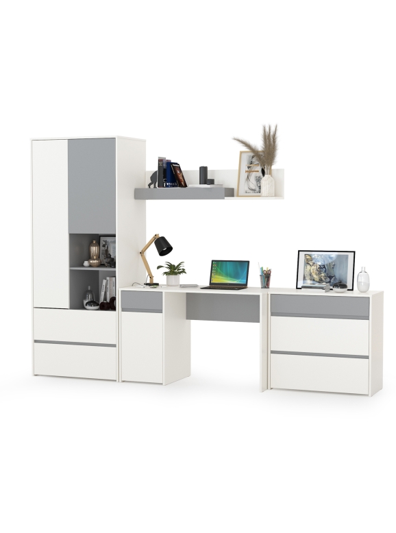 Торонто Компоновка № 03, цвет белый шагрень/стальной серый, ШхГхВ 280х53,1х195,7 см., универсальная сборка