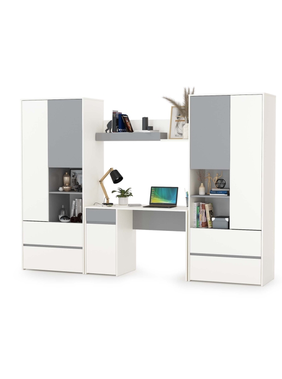 Торонто Компоновка № 05, цвет белый шагрень/стальной серый, ШхГхВ 280х53,1х195,7 см., универсальная сборка