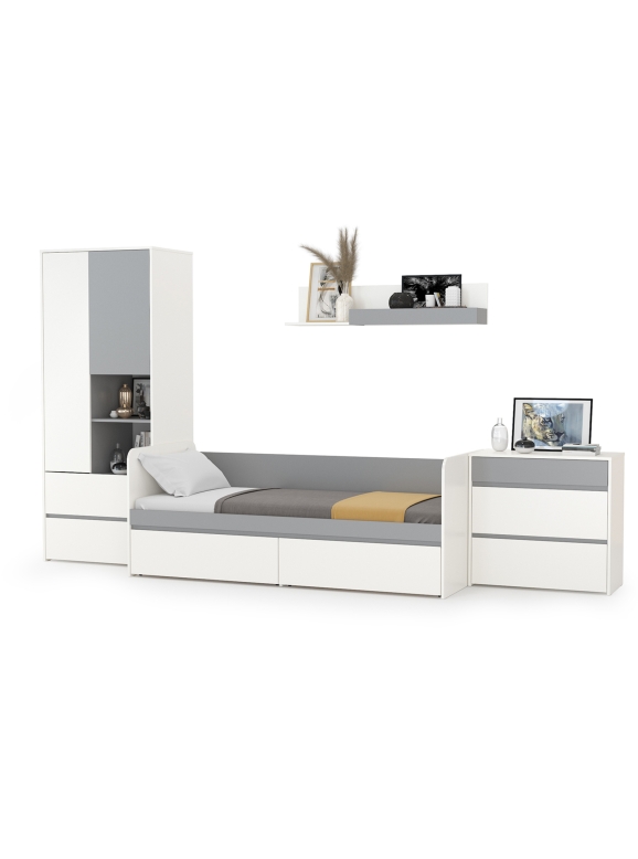 Торонто Компоновка № 19, цвет белый шагрень/стальной серый, ШхГхВ 354х84,4х195,7 см., сп. м. 800х1900 мм., б/м, основание есть, универсальная сборка