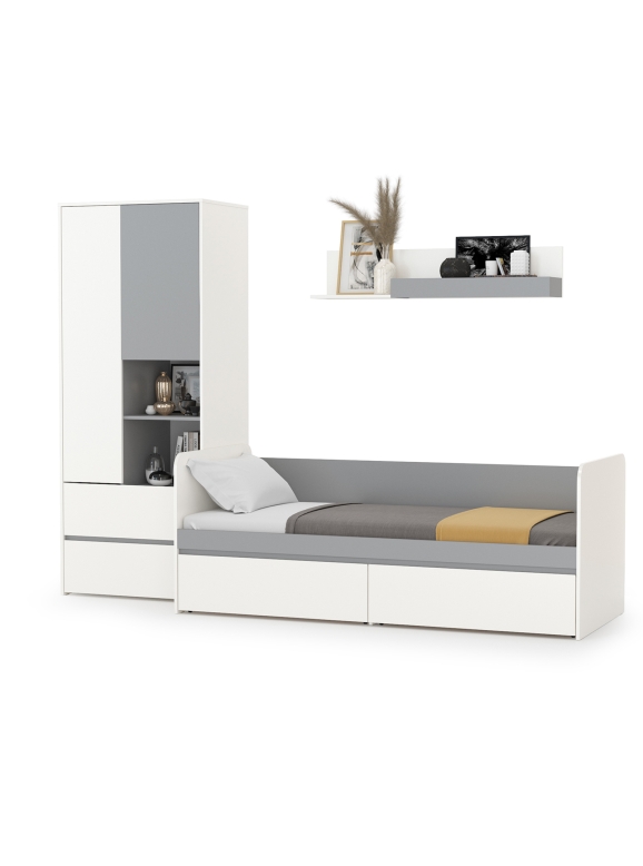 Торонто Компоновка № 20, цвет белый шагрень/стальной серый, ШхГхВ 274х84,4х195,7 см., сп. м. 800х1900 мм., б/м, основание есть, универсальная сборка