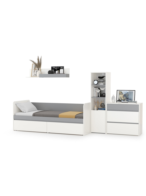 Торонто Компоновка № 22, цвет белый шагрень/стальной серый, ШхГхВ 314х84,4х149,7 см., сп. м. 800х1900 мм., б/м, основание есть, универсальная сборка