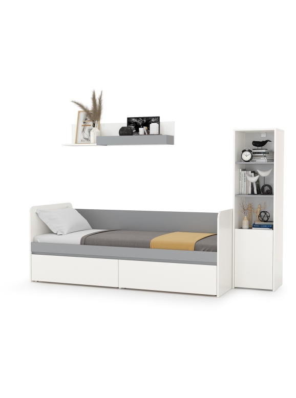 Торонто Компоновка № 23, цвет белый шагрень/стальной серый, ШхГхВ 234х84,4х149,7 см., сп. м. 800х1900 мм., б/м, основание есть, универсальная сборка