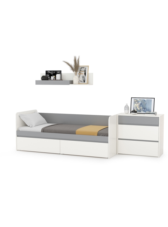 Торонто 11.39 Кровать + 16.475 Полка + 13.321 Комод, цвет белый шагрень/стальной серый, ШхГхВ 274х84,4х150 см., сп. м. 800х1900 мм, б/м, основан. есть