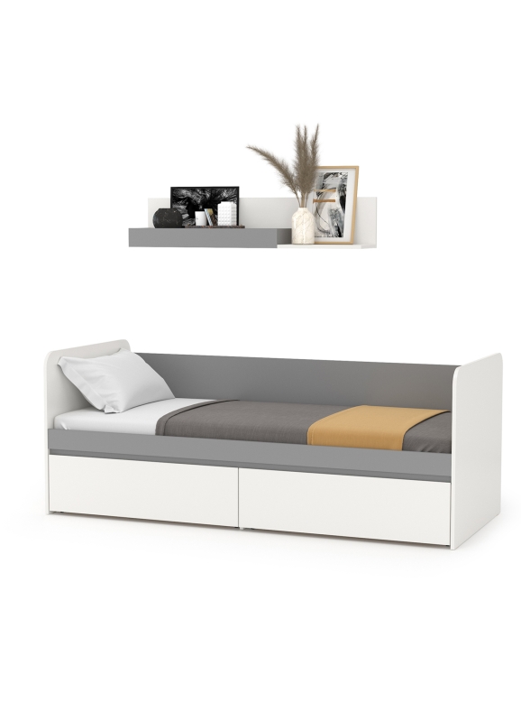 Торонто 11.39 Кровать + 16.475 Полка, цвет белый шагрень/стальной серый, ШхГхВ 194х84,4х150 см., сп. м. 800х1900 мм., б/м, основание есть