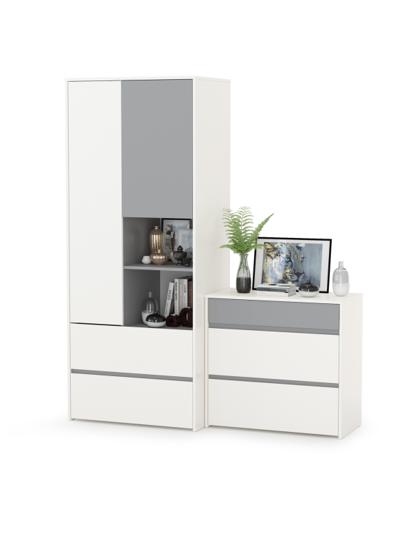 Торонто 13.333 Шкаф для одежды + 13.321 Комод, цвет белый шагрень/стальной серый, ШхГхВ 160х53х195,7 см., универсальная сборка