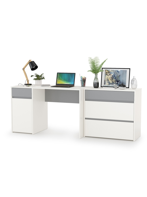 Торонто 12.149 Стол + 13.321 Комод, цвет белый шагрень/стальной серый, ШхГхВ 200х53,1х75,3 см., универсальная сборка