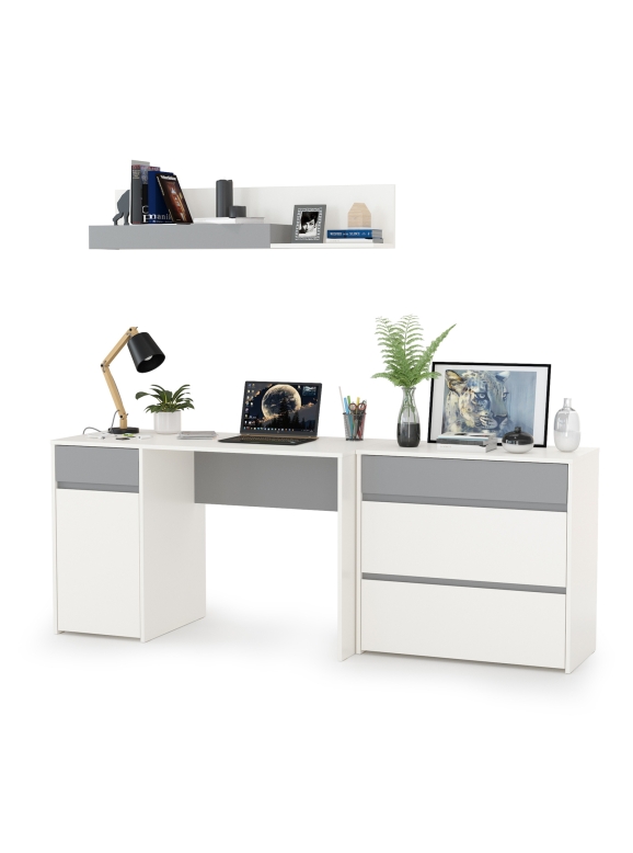Торонто 12.149 Стол + 13.321 Комод + 16.475 Полка, цвет белый шагрень/стальной серый, ШхГхВ 200х53,1х150 см., универсальная сборка