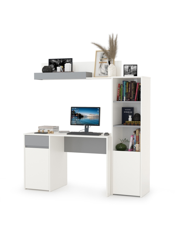 Торонто 12.149 Стол + 13.13 Шкаф комбинированный + 16.475 Полка, цвет белый шагрень/стальной серый, ШхГхВ 160х53,1х174 см., универсальная сборка