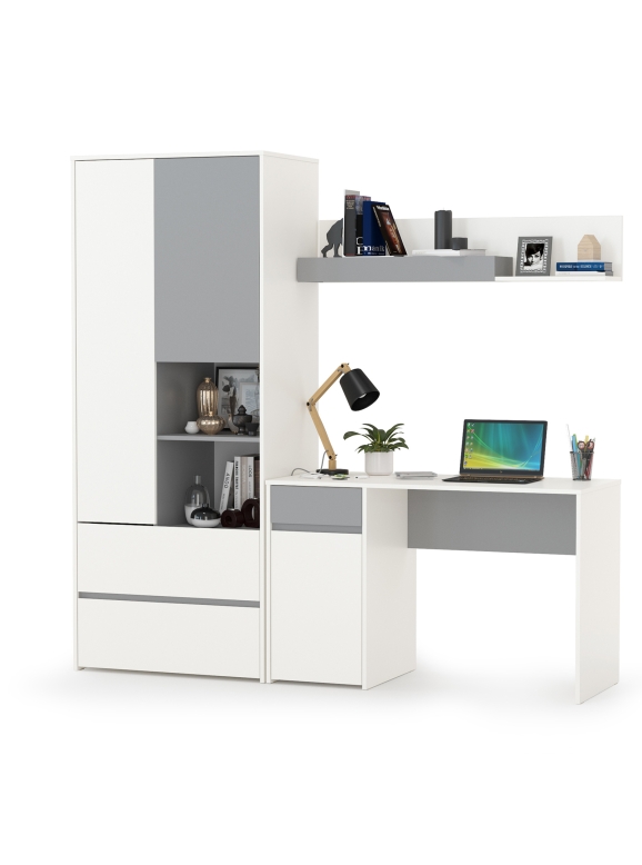 Торонто 12.149 Стол + 13.333 Шкаф для одежды + 16.475 Полка, цвет белый шагрень/стальной серый, ШхГхВ 200х53,1х195,7 см., универсальная сборка