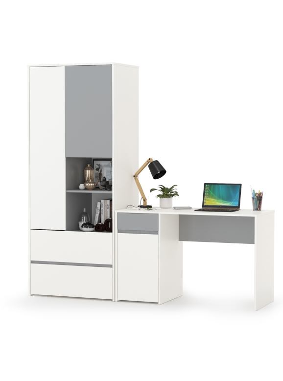 Торонто 12.149 Стол + 13.333 Шкаф для одежды, цвет белый шагрень/стальной серый, ШхГхВ 200х53,1х195,7 см., универсальная сборка