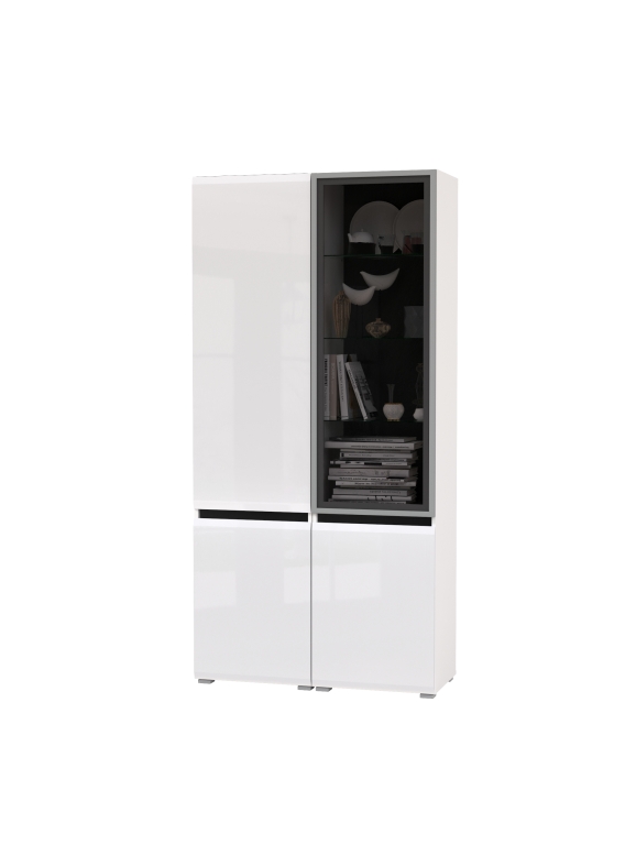 Сидней 13.200 Шкаф + Шкаф-витрина 13.201, цвет корпус: белый/чёрный/фасады: МДФ белый глянец/стекло, ШхГхВ 100х41,3х205,2 см., универсальная сборка