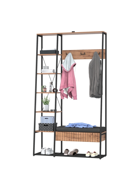 Гранд 15.124N Прихожая, цвет дуб крафт табачный/искуственная кожа чёрная, ШхГхВ 116х38,6х203,4 см., универс. сборка, съёмные решётки для обуви, ящик