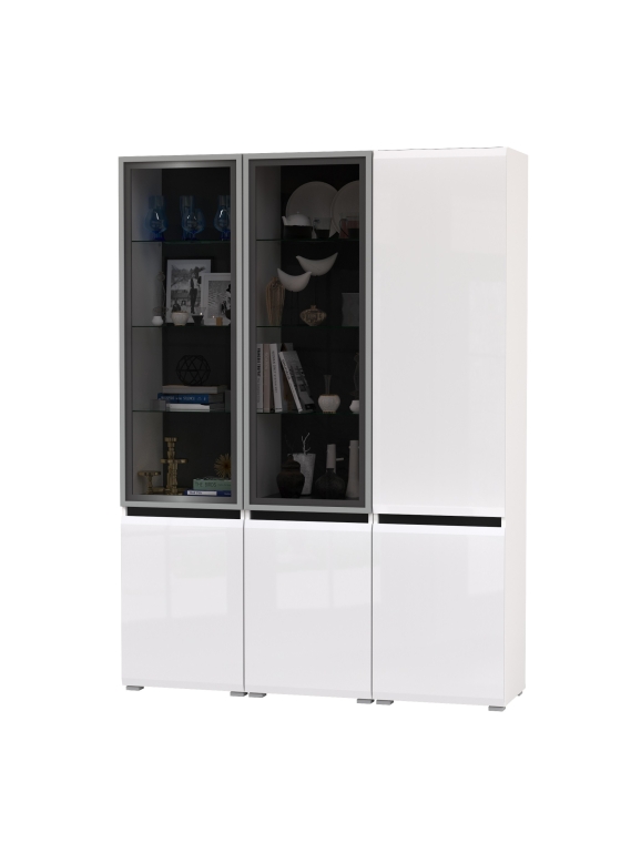 Сидней 13.201 Шкаф-витрина 2 штуки + Шкаф 13.200, цвет корпус: белый/чёрный/фасады: МДФ белый глянец/стекло, ШхГхВ 150х41,3х205,2 см., ун. сб