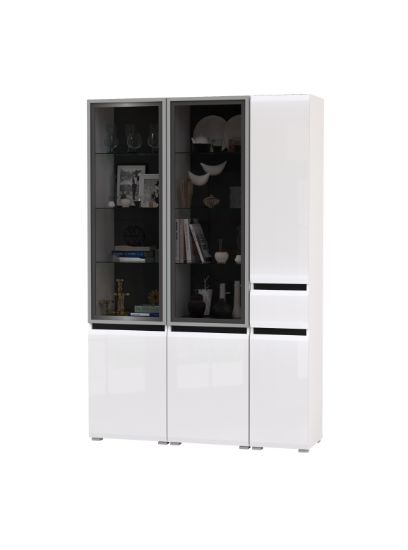 Сидней 13.201 Шкаф-витрина 2 штуки + Шкаф с ящиком 13.202, цвет корпус: белый/чёрный/фасады: МДФ белый глянец/стекло, ШхГхВ 135х41,3х205,2 см., ун. сб